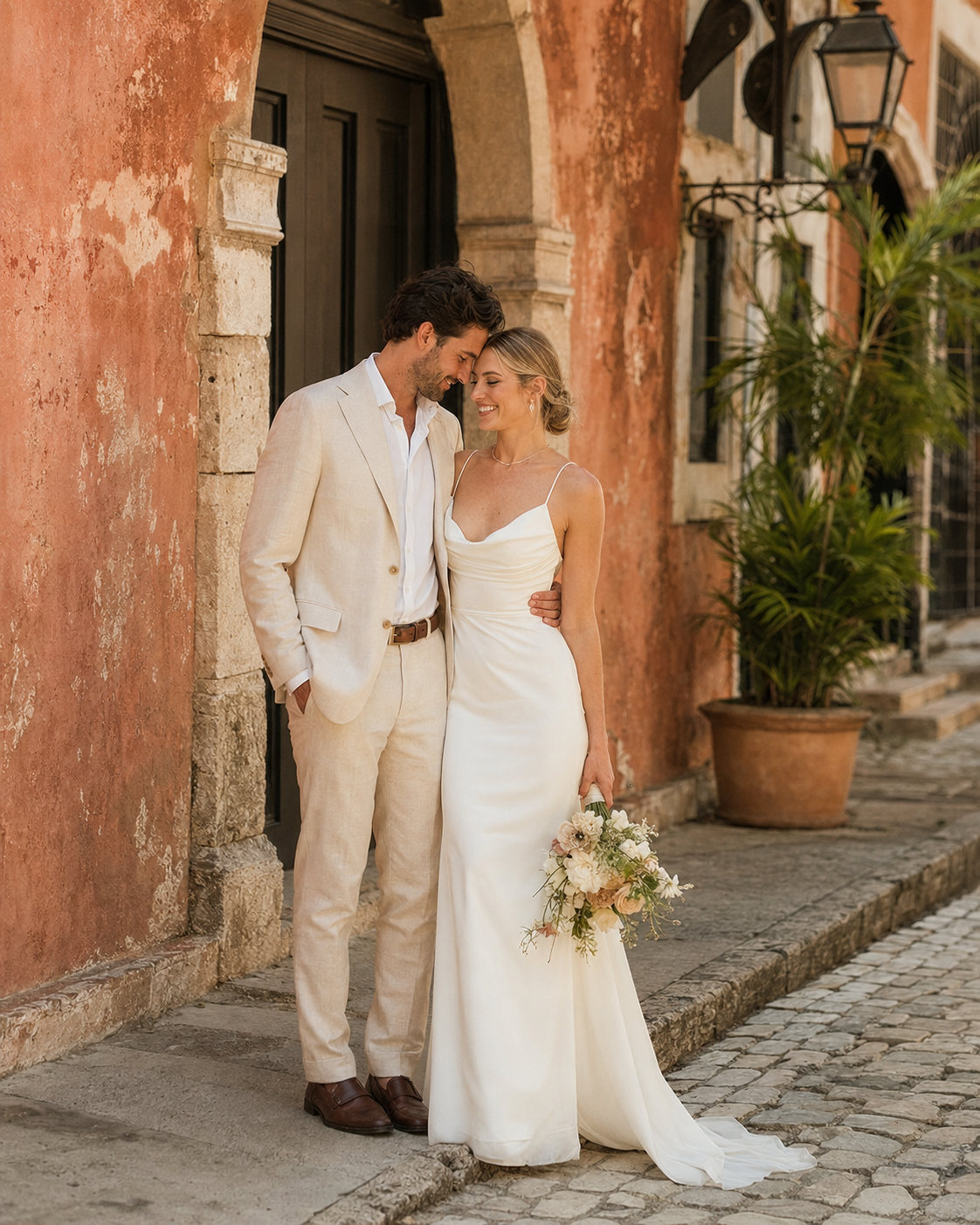 Wedding couple walking through the Colonial City in Santo Domingo